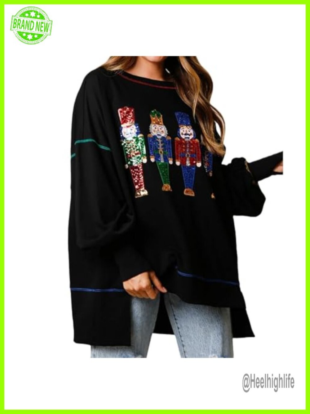 Sequin Christmas Sweatshirt Women Funny Nutcracker Santa Graphic Oversized